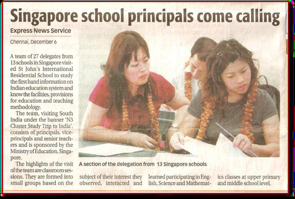 Newspaper clipping: Singapore school principals come calling, on a delegation studying the Indian education system