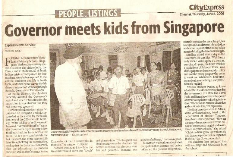 Newspaper clippings: Governor meets kids from Singapore, and Singapore students interact with Governor Surjit Singh Barnala